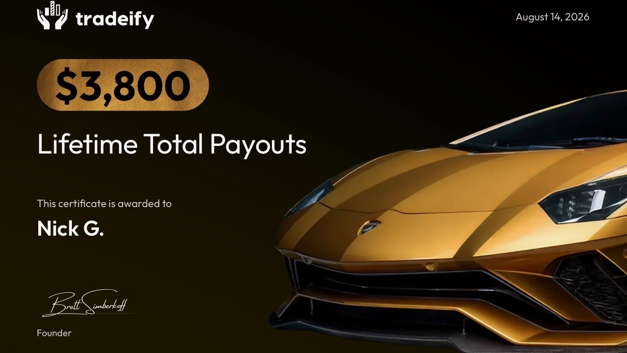 Tradeify $3,800 lifetime total payouts certificate for Nick G.