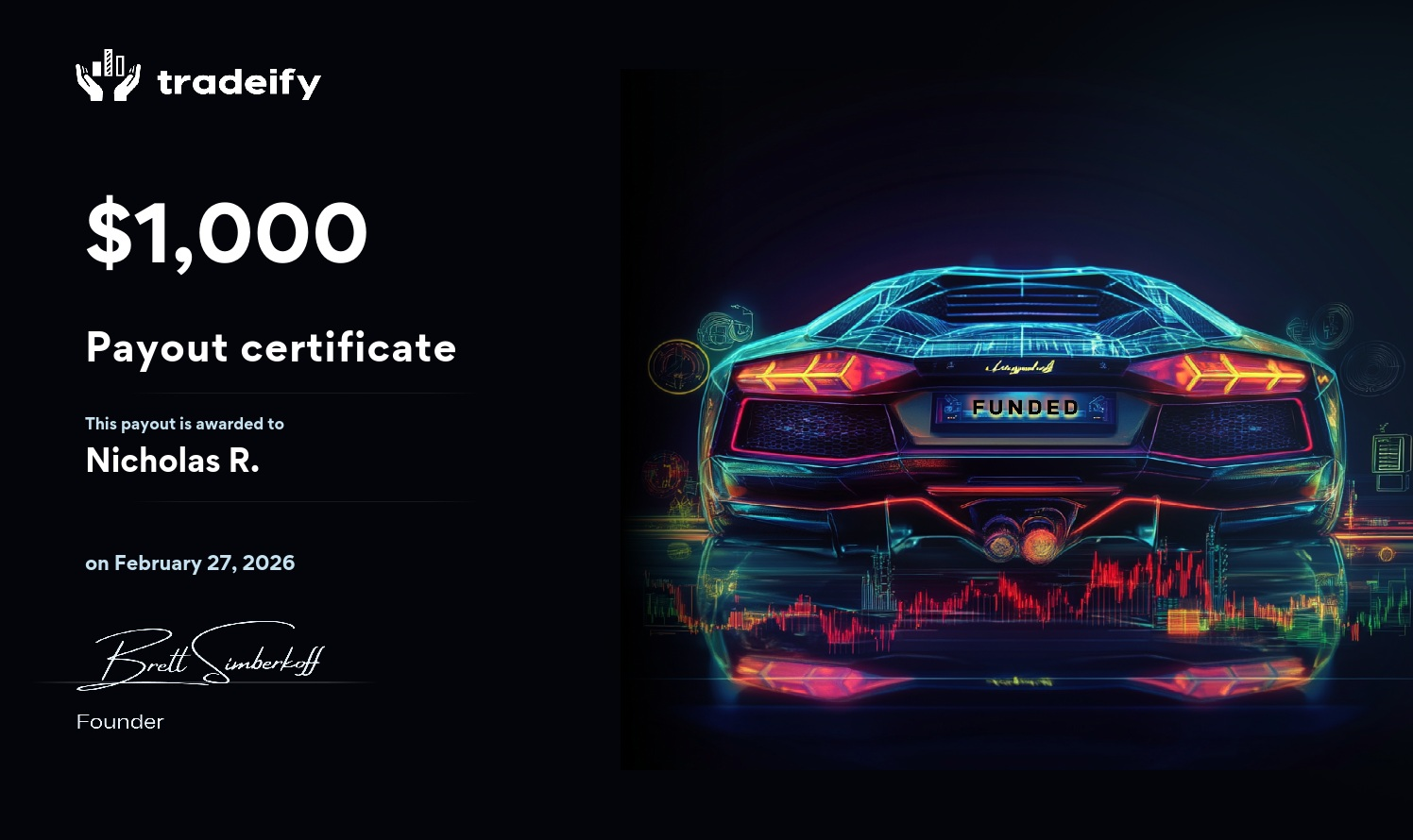 Tradeify $1,000 payout certificate for Nicholas R.