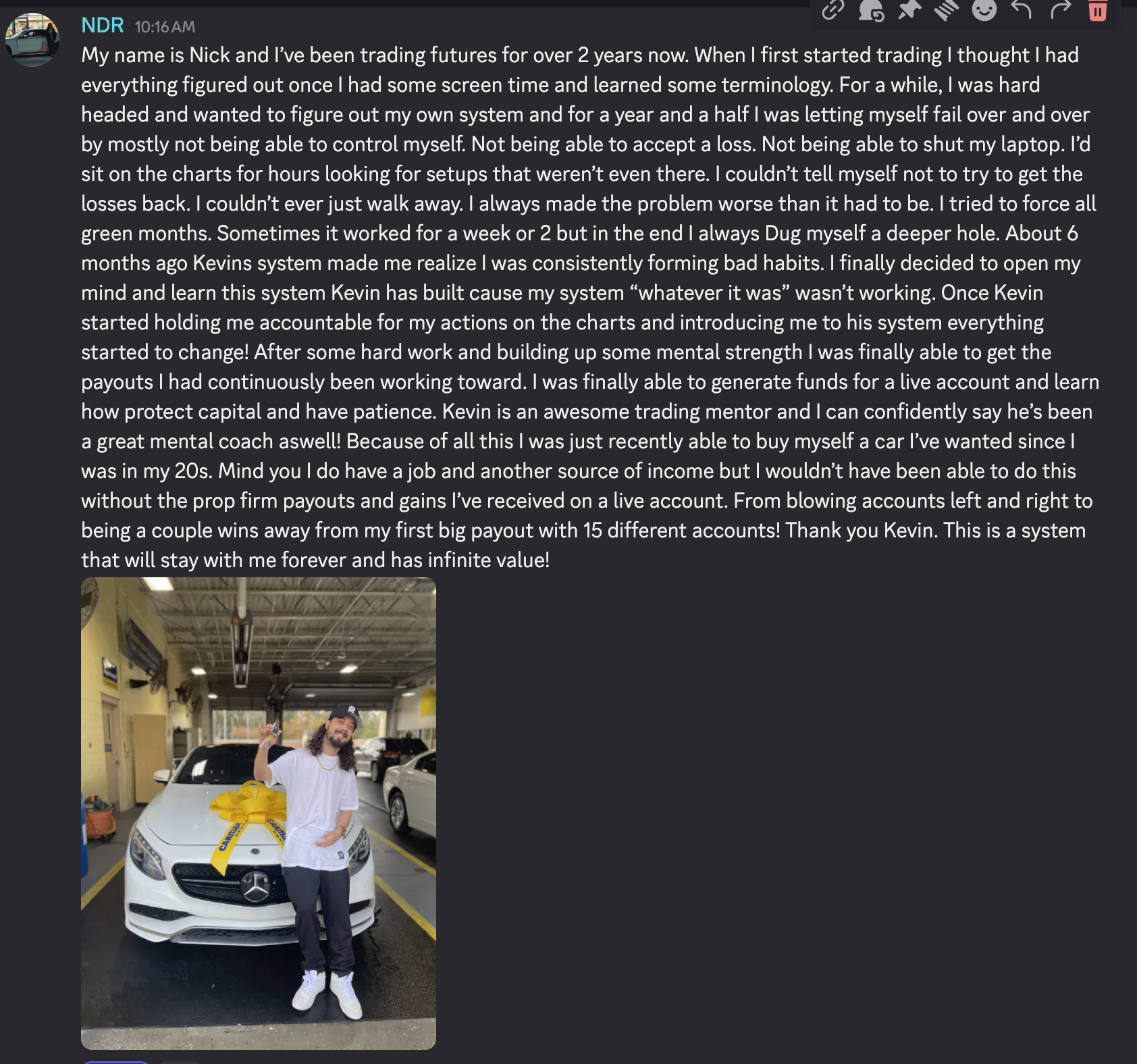 Nick's full testimonial about the mentorship and buying his dream car