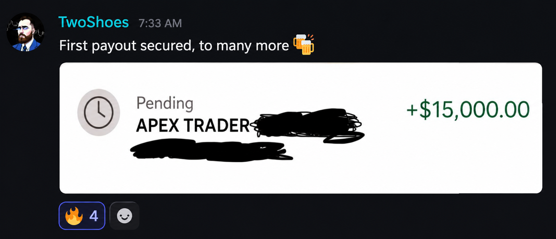 TwoShoes: first payout secured — $15,000 pending from Apex Trader