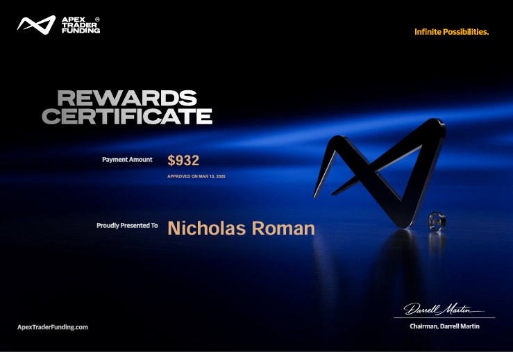 Apex Trader Funding $932 rewards certificate for Nicholas Roman